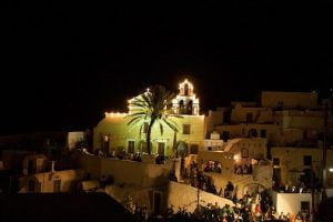 Santorini, Festival Sta. Matrona of Foinikia - Gastronomy Tours church St. Matrona of Foinikia at Santorini by night with peoples on